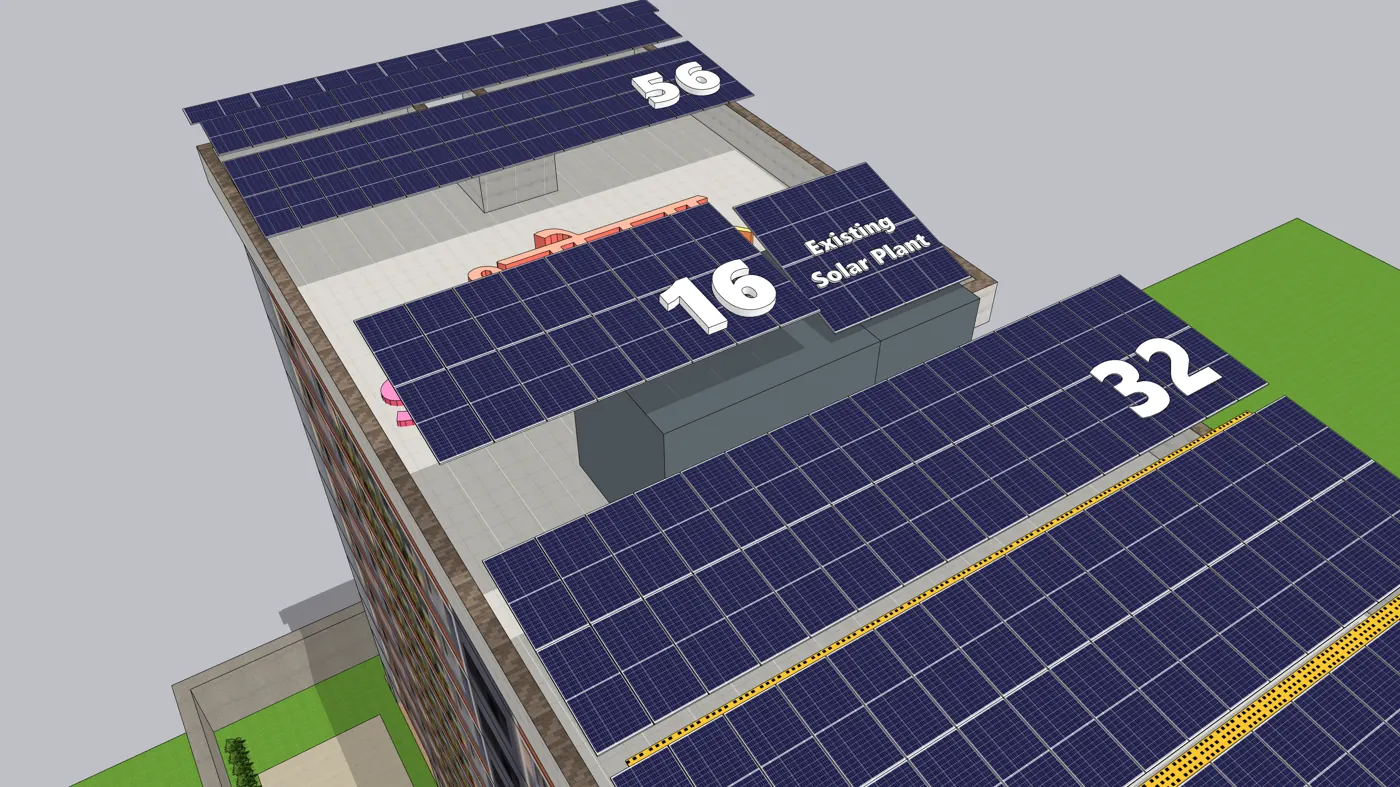 Panel blocks around rooftop structures, Shlokam Sharanam, Ahmedabad