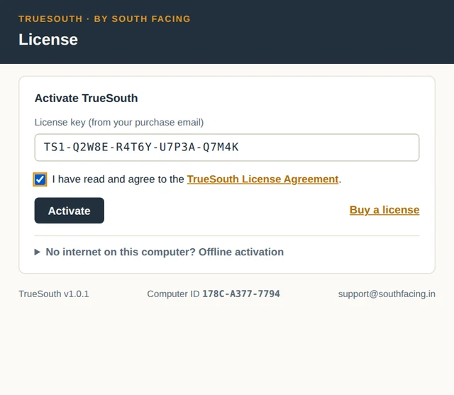 License window with a key entered and the agreement ticked, ready to activate