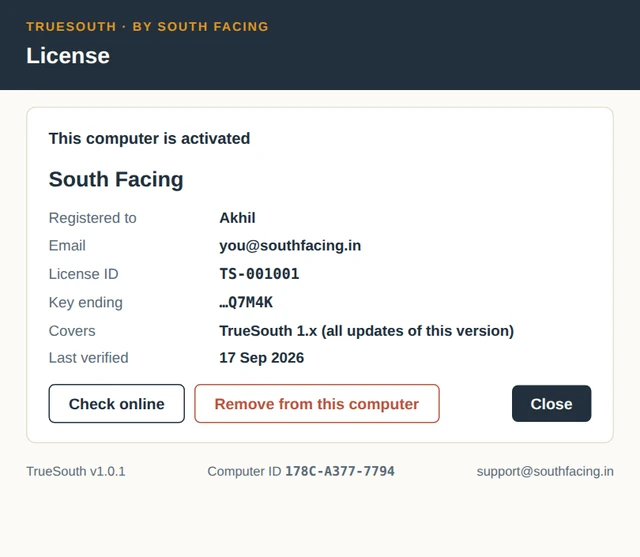License window showing This computer is activated, with company, email, license ID and coverage