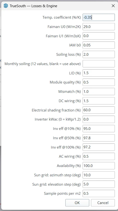 Losses and Engine settings listing module, loss, inverter and calculation settings