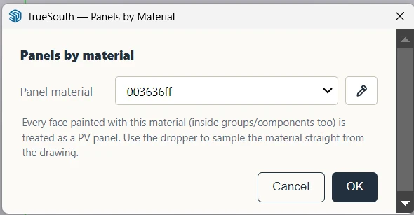 Panels by material window with a material list and an eyedropper button