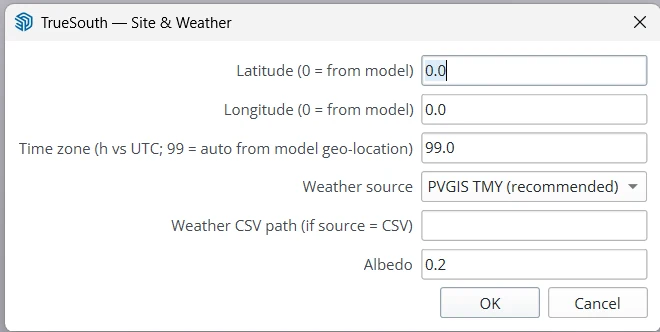 Site and Weather settings with latitude, longitude, time zone, weather source, CSV path and albedo